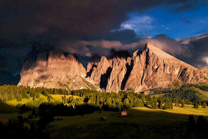 Summer thunderstorm on the Alpe di Siusi above the Sassolungo Dolomites Group